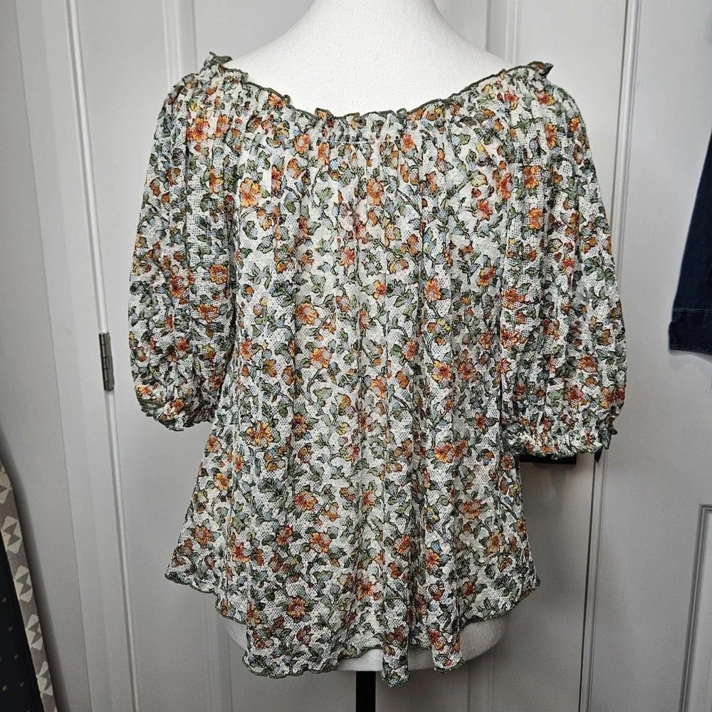 Free People Astra Peasant Top Size Small Floral Mesh Sheer Cottagecore Festival‎